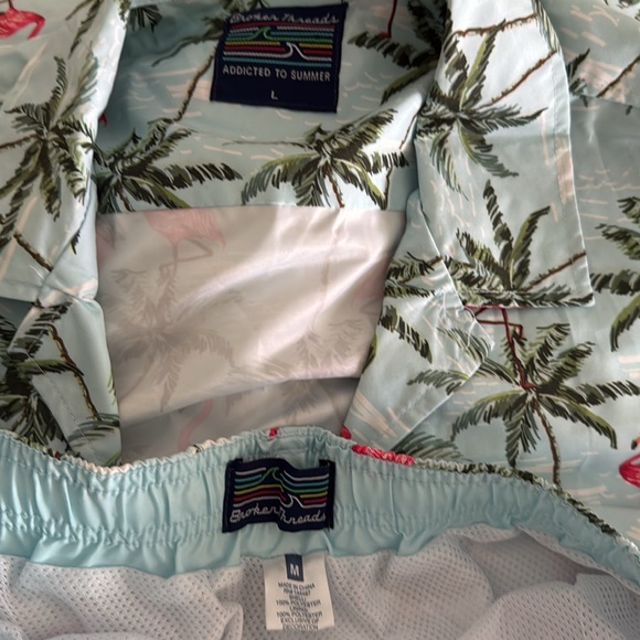 EUC Broken Threads Cabana Matching Swim Set Flamingo Palms Trunks Shirt Large - Picture 2 of 3